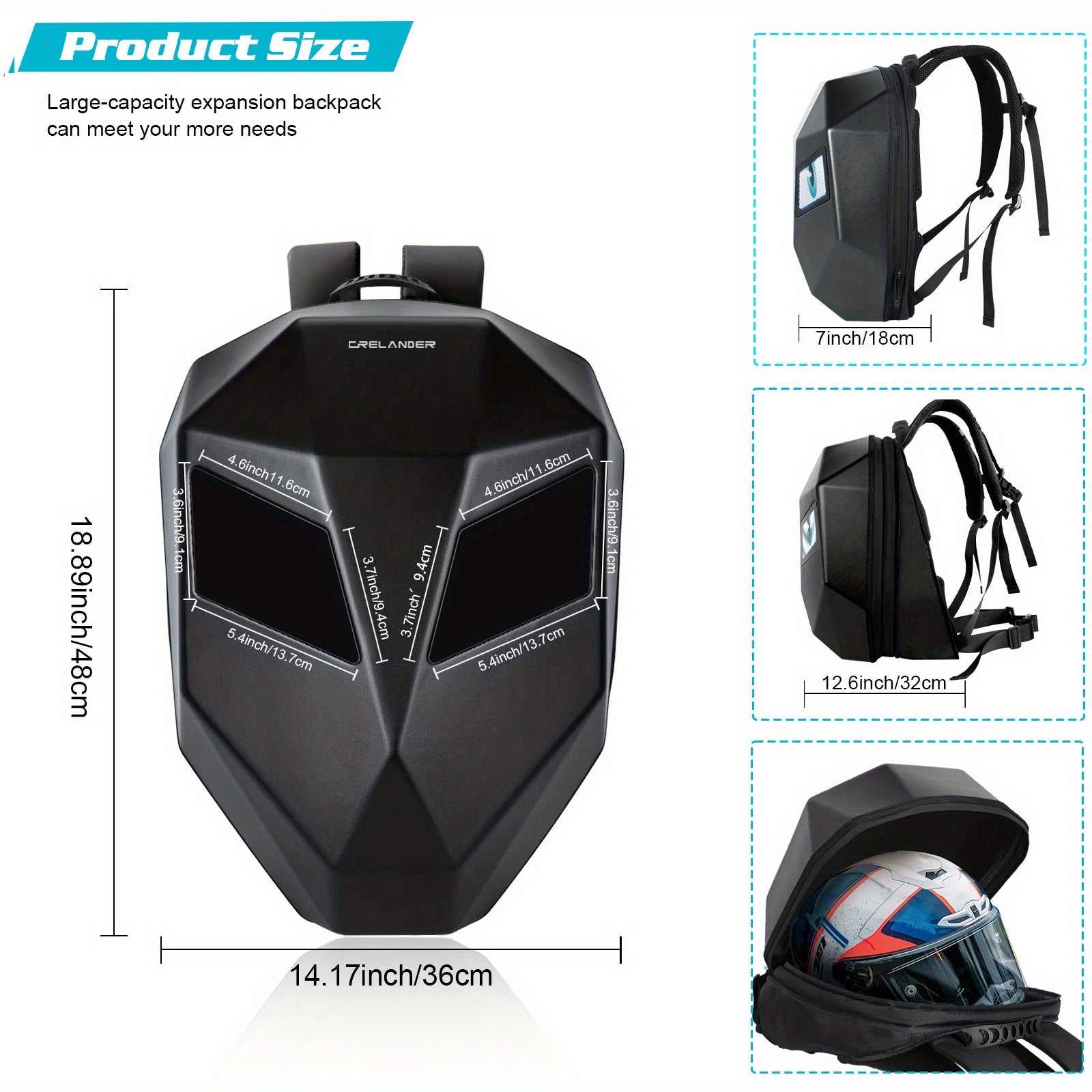 LED Knight Motorcycle Laptop Backpack Programmable Full Color LED Screen Hard Shell Travel Backpack for Cycling Camping and Bike Travel by CyberTribe