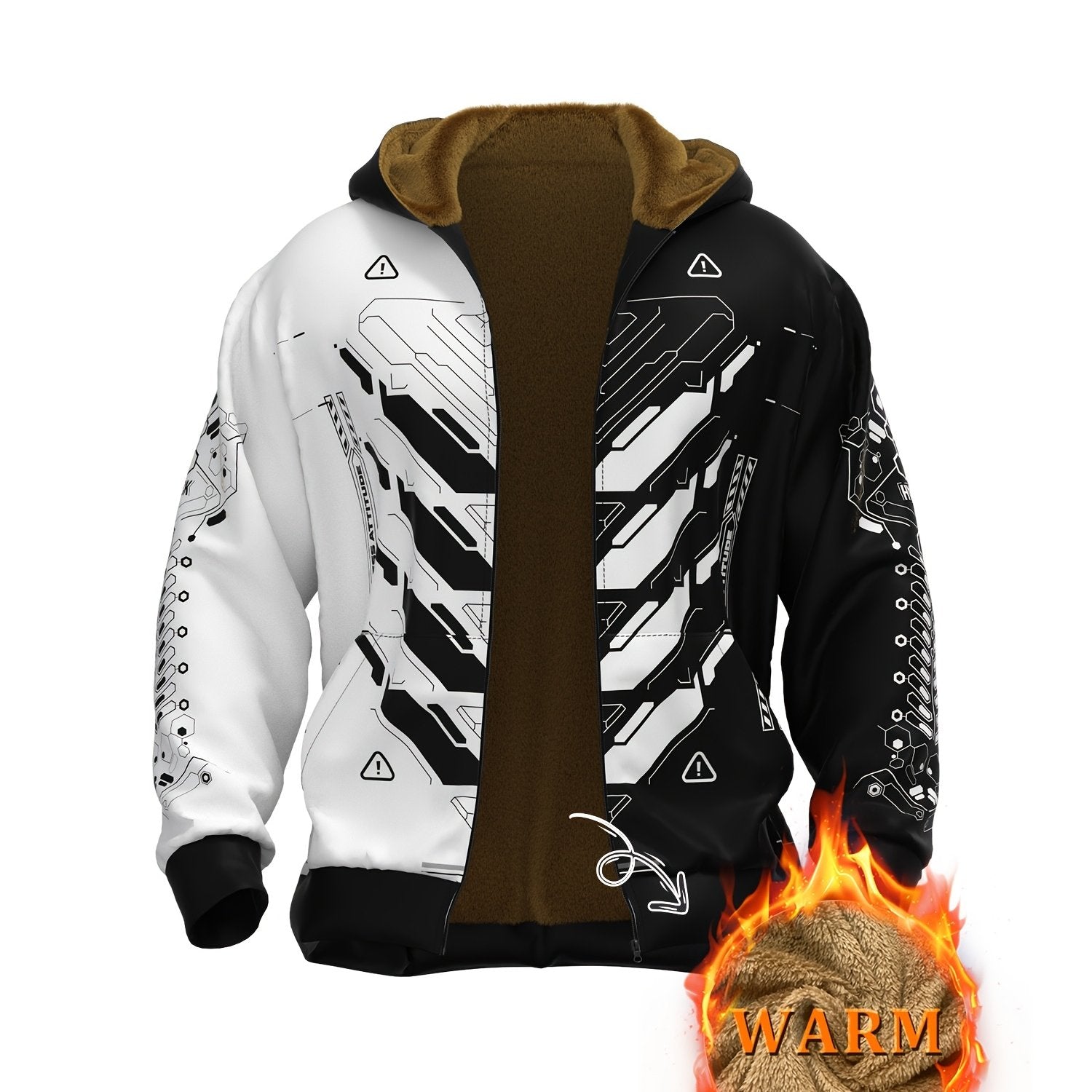 Monochrome Cyberpunk Zip-Up Hoodie – Men’s Fall/Winter Streetwear Jacket